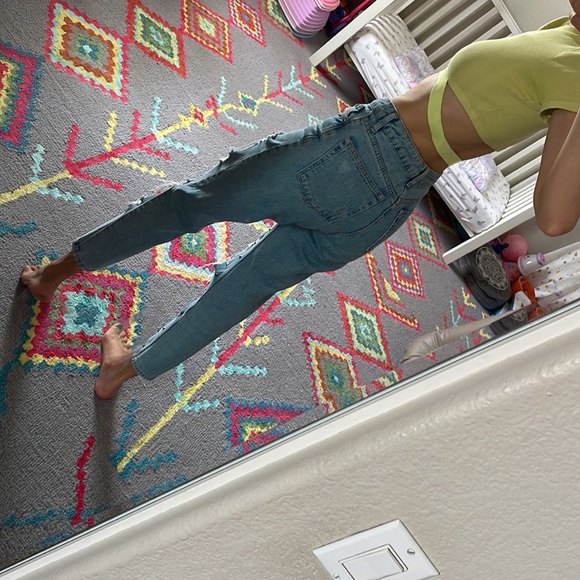 Topshop Mom Jeans Ripped Distressed with Metalic Embelishment Design Light Blue - Picture 3 of 10